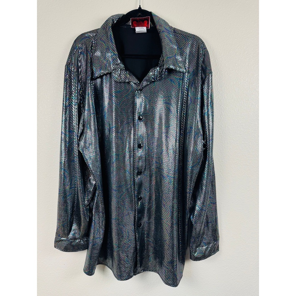 Charades Metallic Silver Disco Shirt 1X‎ Button Down 70s Party Costume